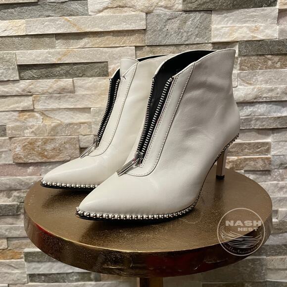 BCBGeneration Ivory White Leather Studded Zip Heeled Booties | Y2K Style, 5M - Picture 1 of 11